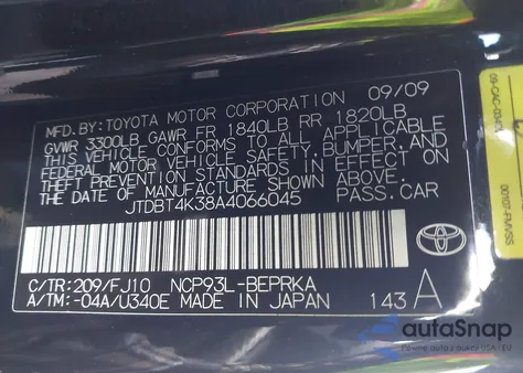 2010 Toyota Yaris from USA, damaged, VIN JTDBT4K38A4066045